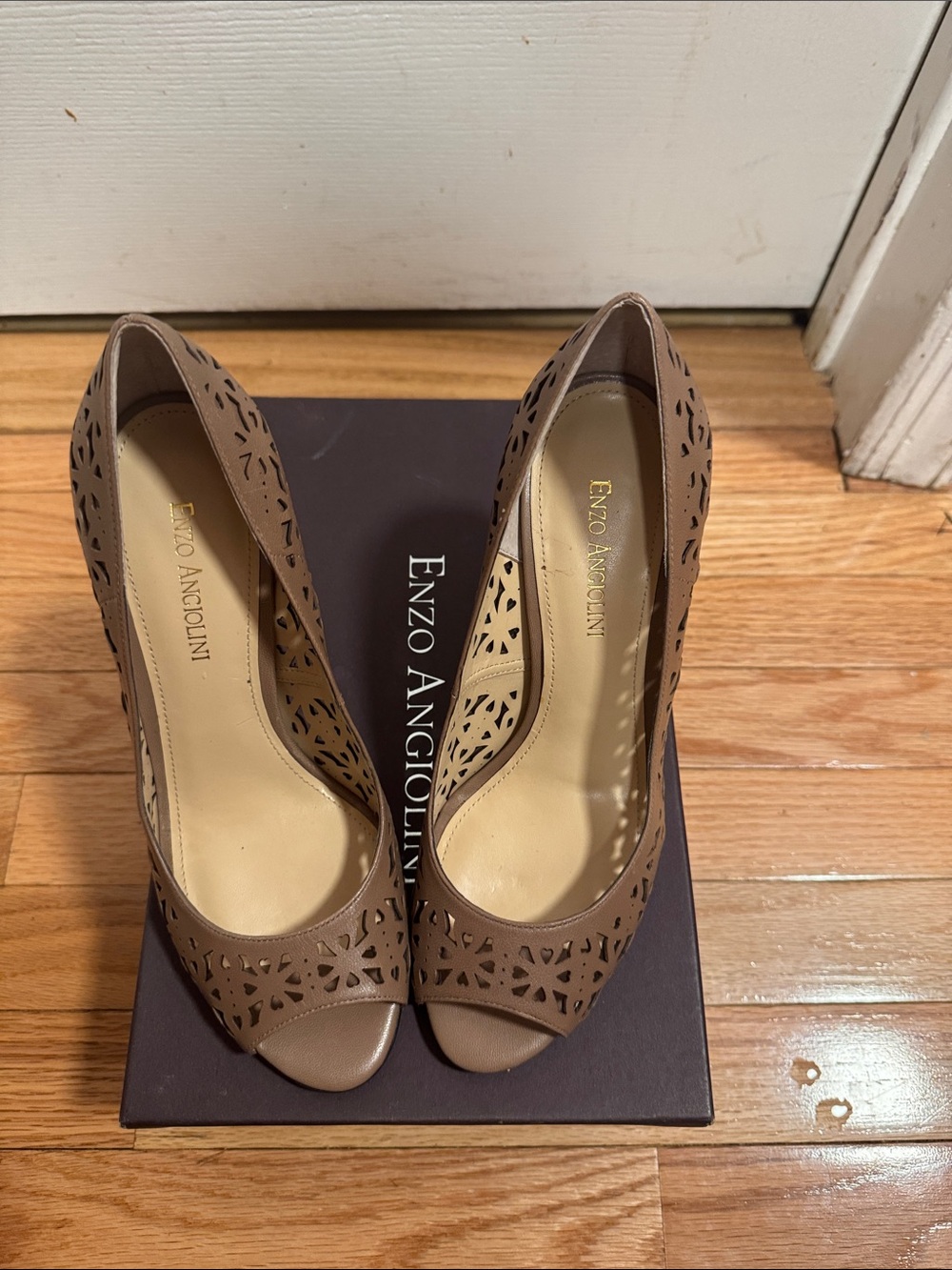 Enzo Angiolini Taupe Laser-Cut Peep-Toe Pumps - Picture 2 of 6